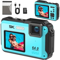 5K 수중 카메라 16FT 방수 디지털 셀피 듀얼 스크린 WiFi 포함 64MP 32GB 마이크로 SD 카드 1200mAh 배터리 스노클링용 18X 줌 블랙, Blue6, 1개