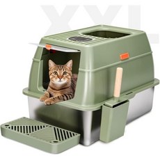 POTHOY 고양이 원목 화장실 뚜껑이 달린 스테인리스 스틸 쓰레기통 XXL 금속 전면 입구 상단 큰 고양이와 고양이를 위한 하이사이드 밀폐형 특종이 포함된 초대형 Q17028, 1개