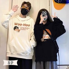 남녀공용 커플맨투맨 2p 기모 도톰한 긴팔후드티 큐트 패턴 프린트 루즈핏 빅사이즈 시밀러룩 커플룩