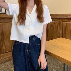 besteffie 여성 반팔셔츠 카라넥 루즈핏 무지 숏 크롭 반티지 반팔 남방 상의 빅사이즈 반팔 블라우스 C88