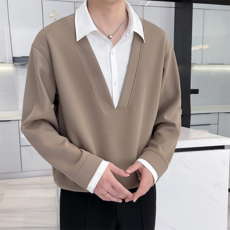 POMTOR 고급 폴로넥 맨투맨 남성 봄 가을 겨울 가짜 투피스 이너 캐주얼 코트