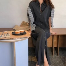 여성 면마 린넨 빅사이즈 루즈핏 셔츠형 반팔 롤업 롱 원피스 CH-15