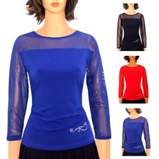 국산 미소 칼라 댄스복상의 댄스복 에어로빅복 라인댄스복 밸리댄스복 스포츠댄스복 행사복 댄스티 공연복, 미소망사티 검정 L