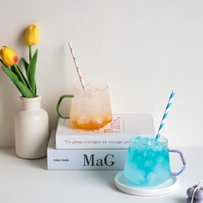 cocooning 홈카페 내열유리 각진 쉐입 손잡이 유리 머그잔, 퍼플, 450ml, 1개