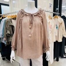 요하넥스 러플포인트 린넨 긴팔 블라우스(브라운)