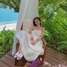 실내 쉬폰 원피스 호텔 수영장 수영복 해변 바캉스 비치스커트 하이난 싼야 여행의류 끈나시, 01 흰색
