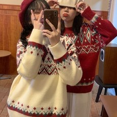 크리스마스 라운드넥 루즈핏 긴소매 다이아몬드 니트