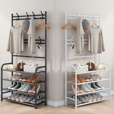 조립식 4단 신발장 겸 옷걸이 시스템 철재 렉 자취방 행거, 블랙 4단