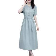 ROYALBELLE 여성 린넨 반팔 원피스 빈티지 스탠드넥 허리 스트랩 루즈핏 하프기장 치마 V51314