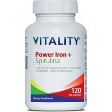 Vitality Power Iron + Spirulina | 45mg 아이언 | 블러드 빌더 | 철분 결핍 지원 | 비건 | 모든 천연 보충제 | 부드러운 온위 | (120개(1팩, 1개, 120개