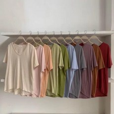 BLUEPOPS t셔츠 여성 와이드 루즈핏 순면 여름 멀티 브이넥 쇄골 노출 솔리드 무지 로우 칼라