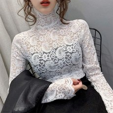 레이스 여성 봄가을 목폴라 쇼트 여자 상의