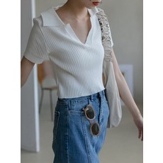 폴로 브이넥 냉장고 니트 여자 반팔 여름 얇은 하이웨스트 슬림 쇼트 탑 화이트 티