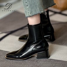 여자 사각코 에나멜 스판 부츠 청키 리얼 가죽 여성 패션 사각굽 슈즈