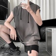 생활도움 남성 자준 민소매 후드티 남성한류 솔리드 벙거지 여름 코디