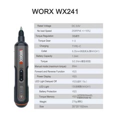 전동 드라이버 Worx-4V 미니 전기 스크루 세트 WX242 스마트 무선 USB 충전식 핸들 30 비트 드릴 도구 WX241, 1개