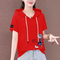 여성 여름 반팔 후드 티셔츠 캐주얼 후드 상의 루즈핏 캐릭터 순면 반팔 후드 티셔츠 빅사이즈 MJS