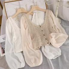 그물 니트 볼레로 시스루 뜨개 크롭 여성 가디건 레트로 조끼 쉬폰 셔츠