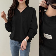데일리앤 하인트 여성 루즈핏 나그랑 라벨 패치 브이넥 긴팔 쭈리 맨투맨 티셔츠 봄 가을 간절기