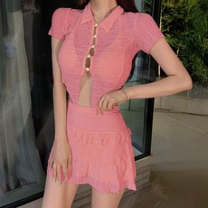 떳다그녀 뮤제페탈 시스루 물결 카라탑 프릴 스커트 반팔 수영복 레이스 망사 3피스 비키니 세트, 핑크