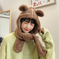 귀여운 곰돌이 뽀글이 모자 양털 후리스 털모자 목도리 달린 모자