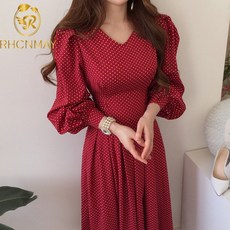 새로운 우아한 여름 세련된 통근 도트 빨간색 v 목 인쇄 여성의 드레스 한국 의류 빈티지 한 조각 붕대 드레스 Femme|드레스|