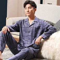 남자잠옷 잠옷 남성봄가을 계절순면 긴팔 카디건 얇은타입