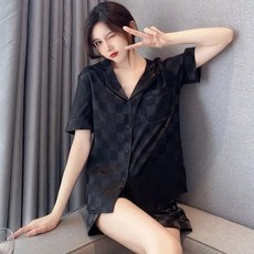 여성용 실크 긴팔 잠옷 수트 자카드 체크 무늬 고급 집 외부 착용 파자마