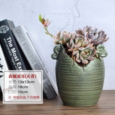 리에송 펜지꽃과 다육 화분 독창적 오래 된 말뚝 심플 녹색 거친 옹기항아리 배기 콤비네이션 큰사이즈 라지, 옷깃 더블 귀 양수 (하늘청색 )구멍