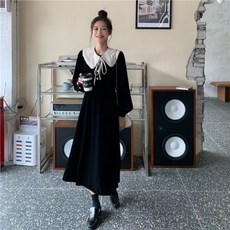 화이트 리본 빅카라 케이프 탈부착 블랙 벨벳 진주 롱 원피스