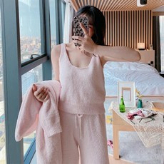 포근 기모 극세사 수면 잠옷 가운 파자마 세트 3pcs