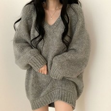 여성용 롱 슬리브 루즈핏 브이넥 스웨터