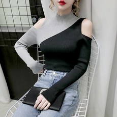 가을 이너 티 여성 긴소매 티셔츠 블러킹 패치워크 오프숄더 어깨트임 니트 상의 유니폼