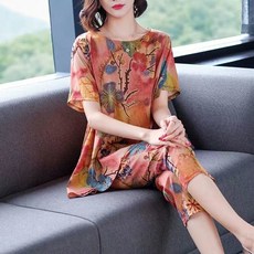 엔티랄라 여름 여성 투피스 세트 빅 사이즈 세트 엄마옷 얇은 세트 플라워 디자인 폴리 원단 루즈핏 날씬해 보이는 배기 팬츠 반팔 라운드넥 편안한 통기성 스타일리시한 트렌드 스