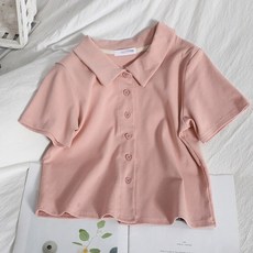 여자 단추 티셔츠 슬림 단추 반팔 상의 불규칙 커팅 상의 여자 마구 셔츠 2021 봄 여름 티셔츠