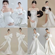 만삭 촬영 드레스 기념 웨딩 원피스 우아한 리본 오픈숄더