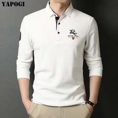 YAPOGI 남성 티셔츠 순면 상의 긴팔 polo 골프 셔츠, 흰색, 1개
