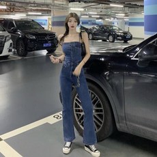 여성 데님 멜빵 바지 슬링 튜브 탑 점프 슈트 하이 웨이스트 스트레이트 레그 팬츠