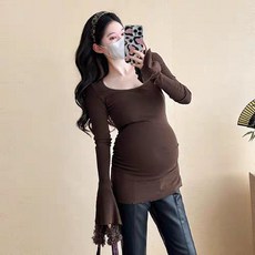 패션 임산부 이너 티셔츠 빅사이즈 겨울 임부복 긴팔티 캐주얼 스퀘어넥 슬림 임부 긴팔 티셔츠 YJW