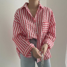 발리걸 청량 스트라이프 카라넥 긴팔 셔츠