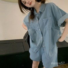 모몰라티 데님 셔츠 밴딩 반바지 반팔 여름 여성 루즈핏 캐주얼 셋업 세트, M-49-55kg, 라이트 블루 세트 - 캐주얼셋업