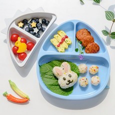 모니 실리콘 유아식기 3구 공룡 흡착 식판, 1개, 식판+반찬통, 민트