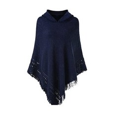 여성 겨울 따뜻한 니트 후드 폰 쵸 케이프 솔리드 크로 셰 뜨개질 Fringed Tassel Shawl 랩 대형 풀오버 망토 스웨터 탑