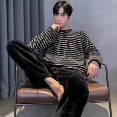 YANGTA 겨울 잠옷 기모 따뜻한 남성용 데일리 긴팔 상의 바지 잠옷