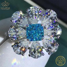 모이사나이트 반지 WUIHA 리얼 925 스털링 실버 플래티넘 도금 분쇄 아이스 래디언트 컷 6CT 아쿠아 마린 플라워 링 여성용 선물 드롭 배송