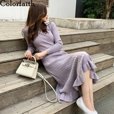 Colorfaith New 2020 가을 겨울 여성 드레스 엠파이어 니트 롱 우아한 트럼펫 솔리드 인어 두껍게 DR6730 드레스