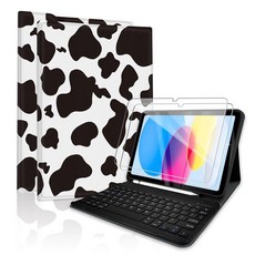  USA배송 TopPerfekt 아이패드 10세대 10인치2022 케이스 블루투스 키보드 포함분리형 충전식 자석 부착 자동 최대 절전 모드웨이크 강화 필름 2개가 있는 펜슬 홀더 블, 화면 보호 필름 소 블랙 