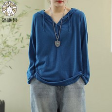 중년 여성후드티 여자후드티 후드 긴팔 T 셔츠 여성 짧은 얇은 봄과 가을 새로운 스타일의 한국 패션 탑 느슨한면