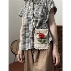 손뜨개 미니 가방 핸드폰 가방, 베이지, 1개