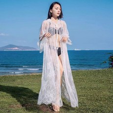 수영복 커버업 거즈 블라우스 여름 해변 휴가 롱 레이스 자외선 차단 커버업 여성 비키니 수영복 블라우스